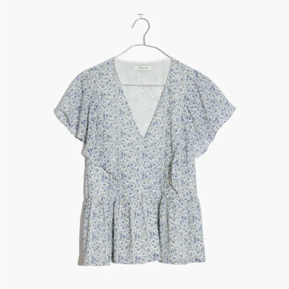 Madewell Blue Floral V-Neck Ruffle Peplum Blouse